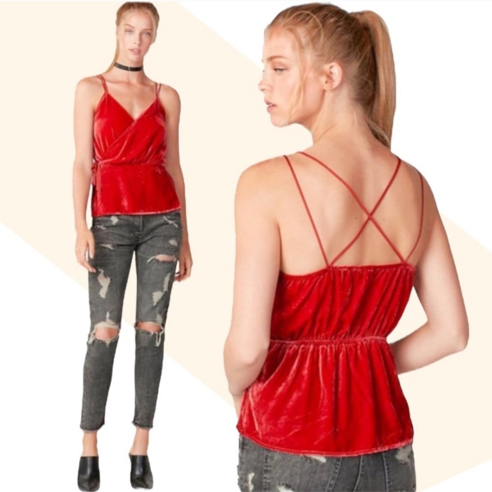 Express Burnt Orange Crushed Velvet Cami Sleeveless Spagetti Strap Wrap Top $65